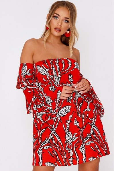 BILLIE FAIERS RED ABSTRACT FLORAL TIERED FRILL SLEEVE MINI DRESS – bardot summer fashion - flipped