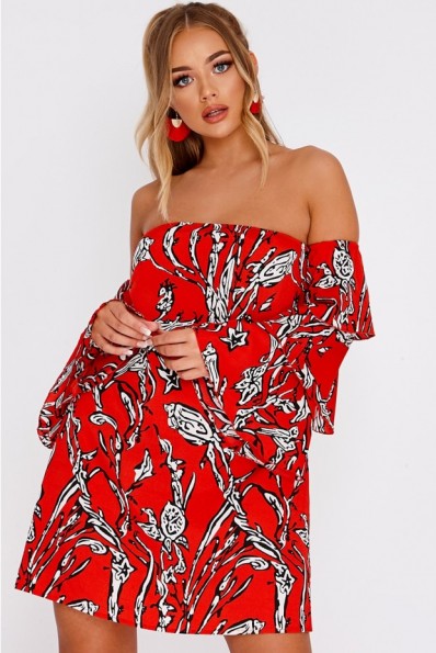 BILLIE FAIERS RED ABSTRACT FLORAL TIERED FRILL SLEEVE MINI DRESS – bardot summer fashion