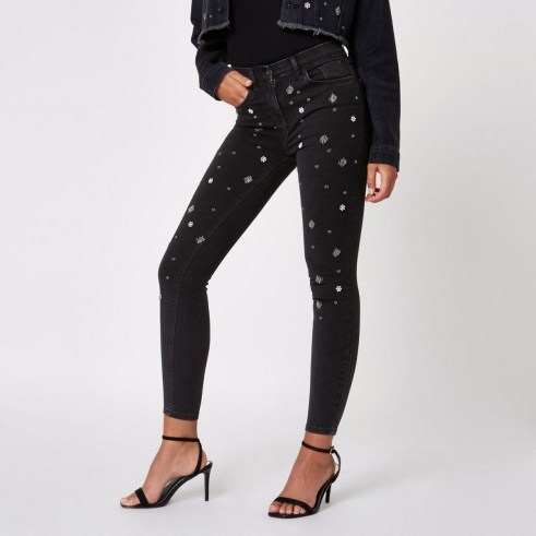 River Island Black embellished Amelie slim fit jeans | Sequin and diamante denim skinnies - flipped