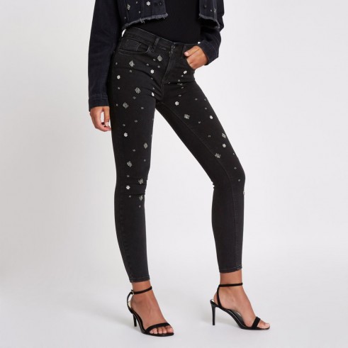 River Island Black embellished Amelie slim fit jeans | Sequin and diamante denim skinnies
