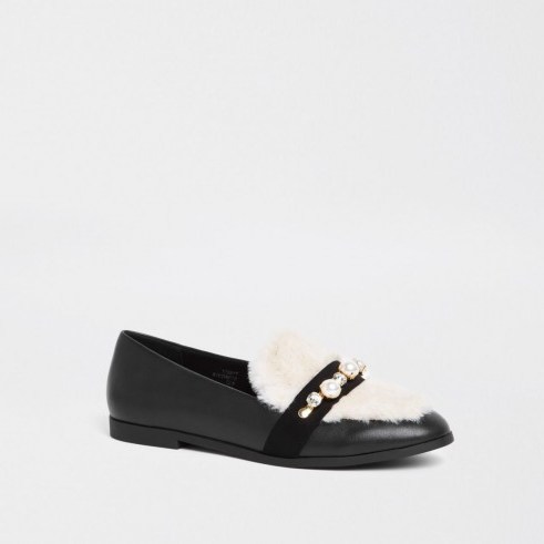 River Island Black faux fur snaffle loafer | fluffy flats - flipped