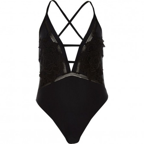 River Island Black floral applique plunge swimsuit | strappy swimwear - flipped
