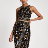 RIVER ISLAND Black geo sequin embellished crop top – glitzy party fashion – open back tops