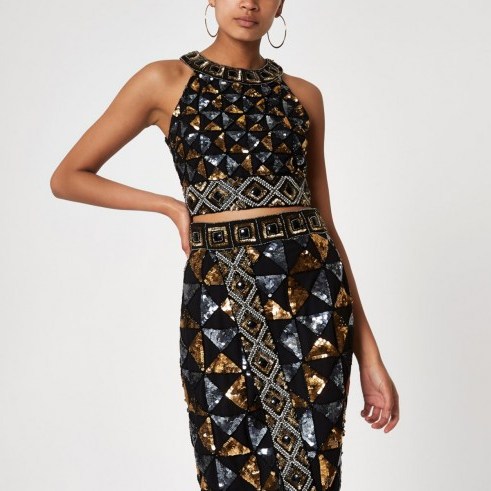 RIVER ISLAND Black geo sequin embellished crop top – glitzy party fashion – open back tops - flipped