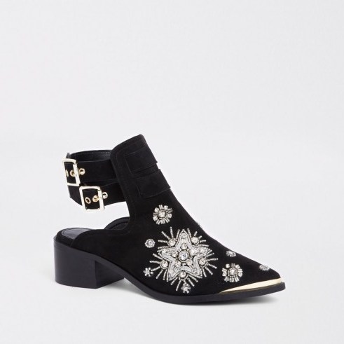 River Island Black suede embellished backless boots – western style bootie - flipped