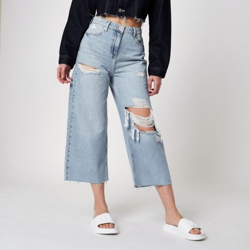 RIVER ISLAND Blue Alexa cropped wide leg ripped jeans – summer denim - flipped