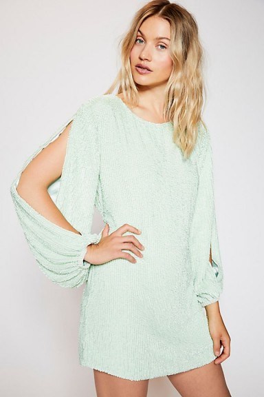 FREE PEOPLE Brooke Sequins Mini in Mint / light green slit sleeved party dress - flipped