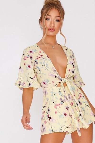 IN THE STYLE BRYANIE YELLOW FLORAL PLUNGE TIE FRONT PLAYSUIT ~ plunging summer fashion - flipped