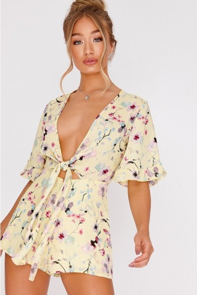 IN THE STYLE BRYANIE YELLOW FLORAL PLUNGE TIE FRONT PLAYSUIT ~ plunging summer fashion