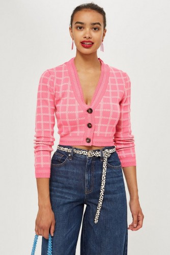 Topshop Pink Check Cropped Cardigan