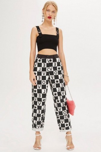 Topshop Checkerboard Love Print Trousers | mono checked slogan printed pants - flipped