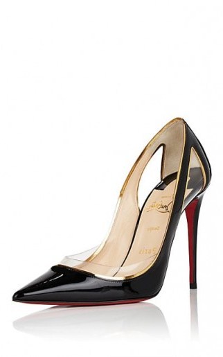 CHRISTIAN LOUBOUTIN Cosmo Black Patent Leather & PVC Pumps ~ clear plastic cut-outs & trim ~ chic courts - flipped