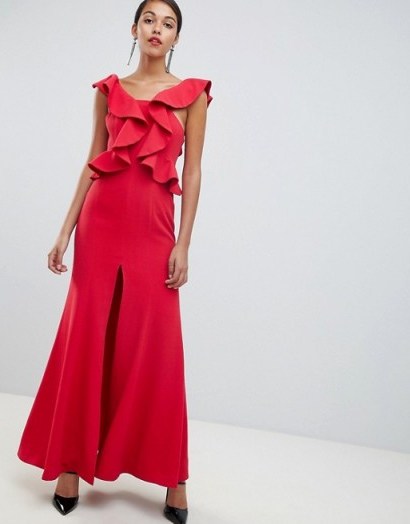 C/meo Structured Ruffle Maxi Gown in chilli – dramatic red party fashion - flipped
