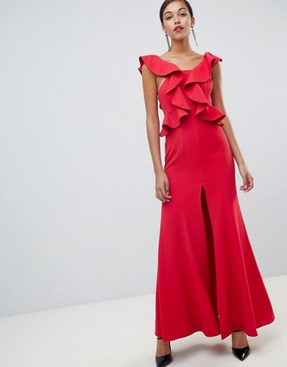 C/meo Structured Ruffle Maxi Gown in chilli – dramatic red party fashion