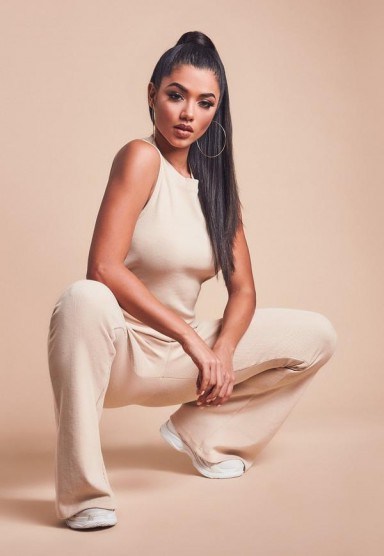 MISSGUIDED cream ribbed flare leg sleeveless jumpsuit ~ casual style - flipped