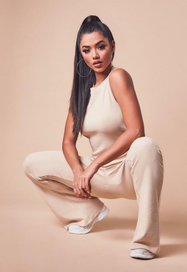 MISSGUIDED cream ribbed flare leg sleeveless jumpsuit ~ casual style