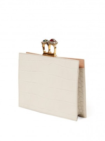 ALEXANDER MCQUEEN Crocodile-effect white leather clutch ~ luxe evening bags - flipped