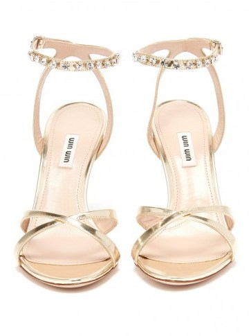 MIU MIU Crystal-embellished patent gold leather sandals ~ luxe ankle straps - flipped