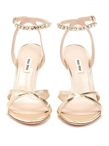 MIU MIU Crystal-embellished patent gold leather sandals ~ luxe ankle straps