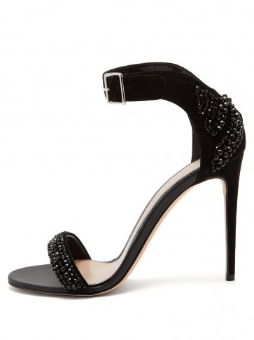 ALEXANDER MCQUEEN Crystal-embellished black suede sandals ~ event glamour - flipped