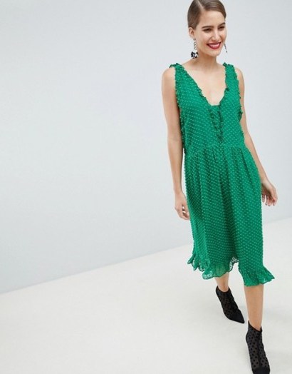 Custommade Pretty Dobby Dress in 335 jolly green | sleeveless plunge front frill trim frock - flipped