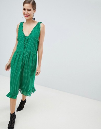 Custommade Pretty Dobby Dress in 335 jolly green | sleeveless plunge front frill trim frock