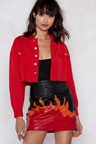 NASTY GAL Cut to the Chase Cropped Denim Jacket Red – raw hem jackets - flipped
