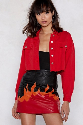 NASTY GAL Cut to the Chase Cropped Denim Jacket Red – raw hem jackets