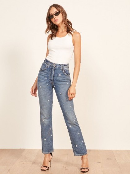 Reformation Cynthia High Relaxed Jean in Daisy | floral embroidered denim - flipped