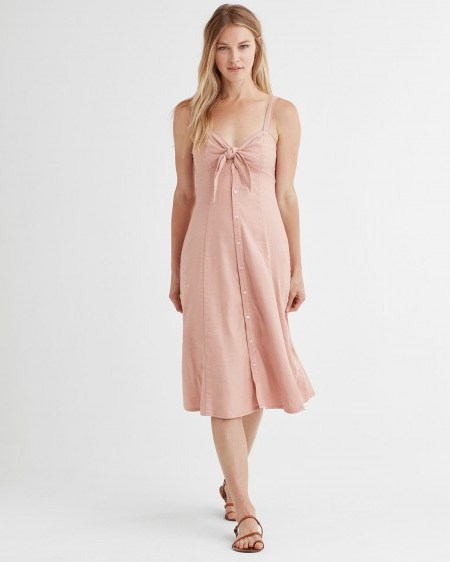 SPLENDID Dahlia Linen Slub Midi Dress in Adobe | pale-pink strappy tie front sundress - flipped