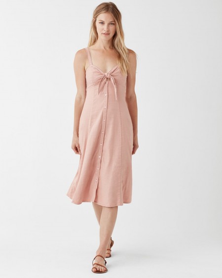 SPLENDID Dahlia Linen Slub Midi Dress in Adobe | pale-pink strappy tie front sundress