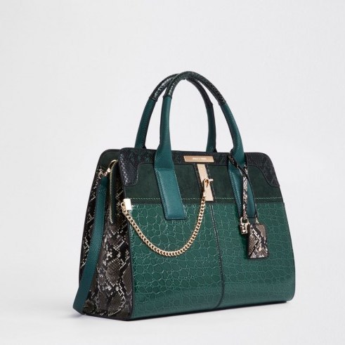 River Island Dark green croc embossed tote bag | emerald top handle bags - flipped