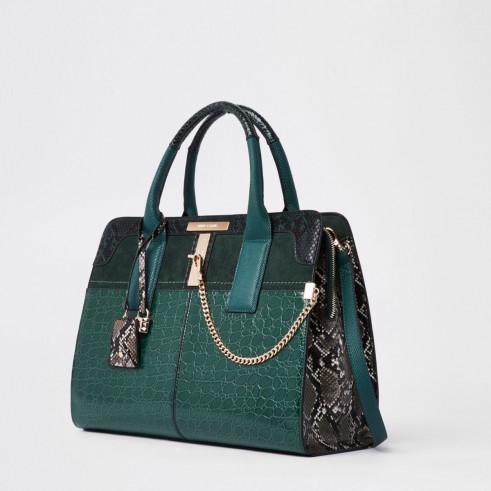 River Island Dark green croc embossed tote bag | emerald top handle bags