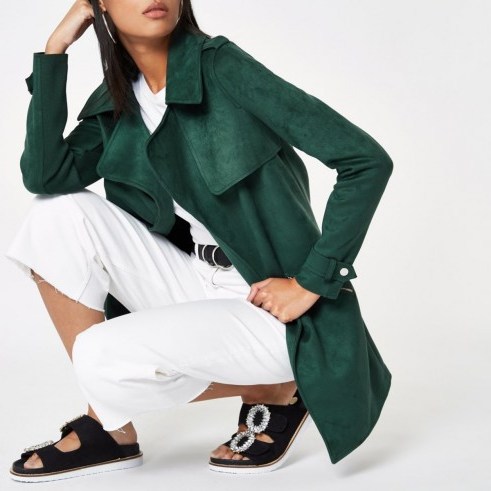 River Island Dark green faux suede longline trench jacket | autumn colours - flipped