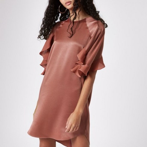 RIVER ISLAND Dark pink frill sleeve swing dress – curved hem mini - flipped