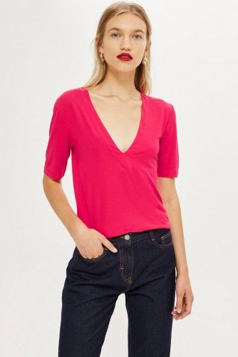 Topshop Pink Deep V-Neck T-Shirt | plunge front tee - flipped