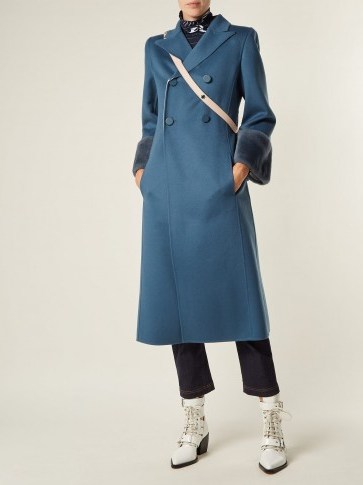 FENDI Double-breasted blue wool coat with shearling cuffs - flipped