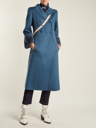 FENDI Double-breasted blue wool coat with shearling cuffs