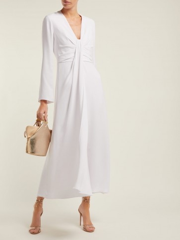 CAROLINA HERRERA Draped white silk-georgette dress ~ plunging neckline with gathered front panel