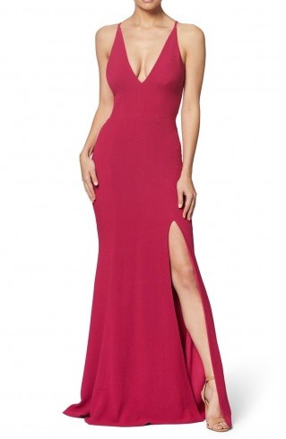 DRESS THE POPULATION Iris Slit Crepe Gown in Raspberry ~ glamorous plunging neckline and thigh high split - flipped