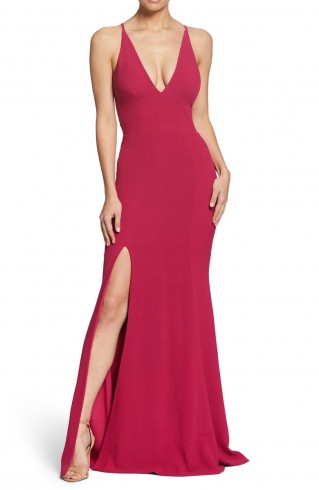 DRESS THE POPULATION Iris Slit Crepe Gown in Raspberry ~ glamorous plunging neckline and thigh high split