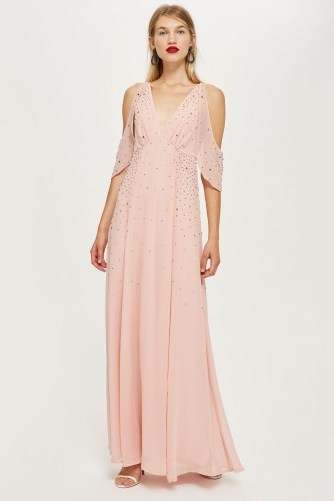 Topshop Embellished Cold Shoulder Maxi Dress in Pink | vintage style evening glamour | plunge front neckline - flipped