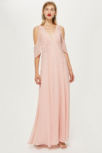 Topshop Embellished Cold Shoulder Maxi Dress in Pink | vintage style evening glamour | plunge front neckline