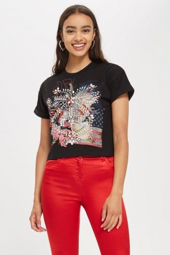 TOPSHOP Embellished Rock T-Shirt in Black / shiny jewelled tee - flipped