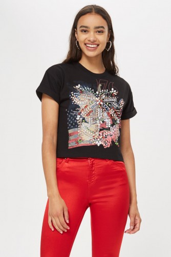 TOPSHOP Embellished Rock T-Shirt in Black / shiny jewelled tee