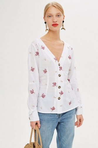Topshop Embroidered Button Down Blouse in Ivory | summer tops - flipped