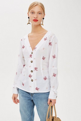 Topshop Embroidered Button Down Blouse in Ivory | summer tops
