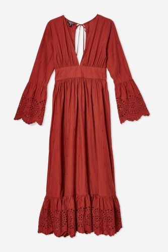 Topshop Embroidered Plunge Midi Dot Dress in Rust | 70s style boho frock - flipped