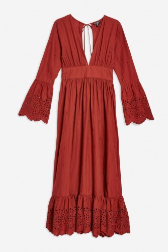 Topshop Embroidered Plunge Midi Dot Dress in Rust | 70s style boho frock