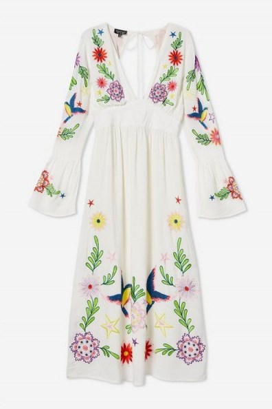 Topshop Embroidered Plunge Midi Dress Ivory – 70s vintage style fashion - flipped